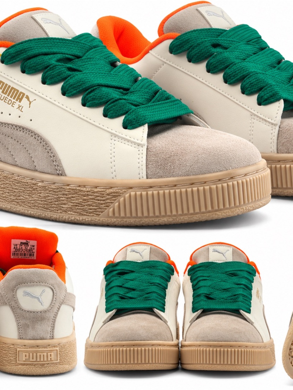 Puma Cream and Green Low-Top Sneakers with Orange Accent